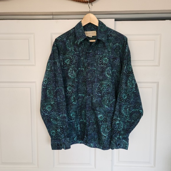 Jahari West Other - Jahari West Men's Long Sleeve Dark Blue and Teal Tropical Batik Shirt - Large